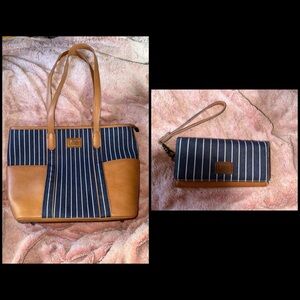 Lee Brown and Blue Striped Tote with Side Pockets & Lee wristlet trifold wallet